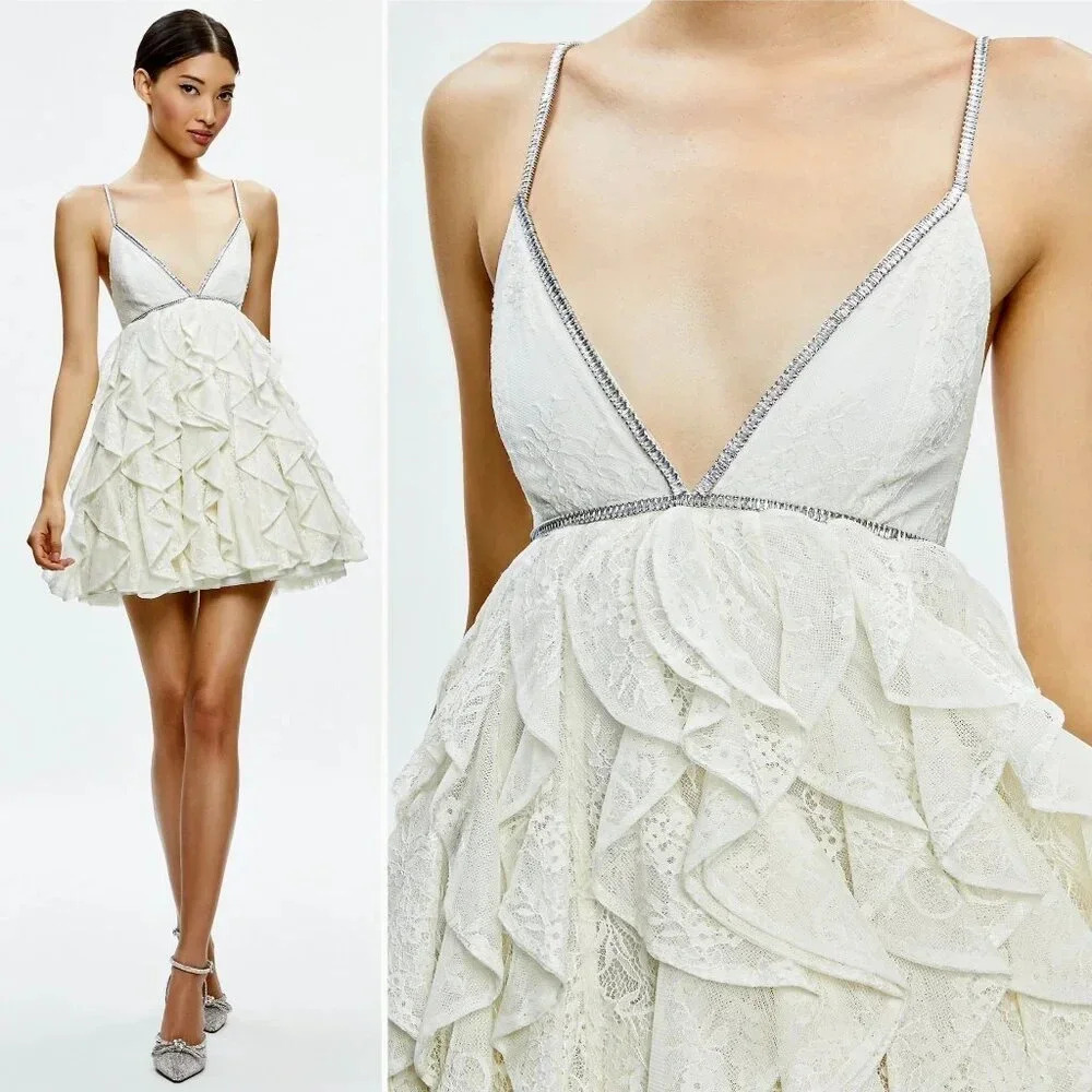 Alice + Olivia Willmarie Crystal Embellished Lace Ruffle Mini Gown Dress NWT